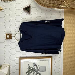 Hazel Navy V-Neck Crochet Detailed Long Sleeve Tee - Size - Small